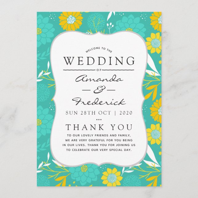 Yellow and Teal Floral Wedding Program Programme (Front)