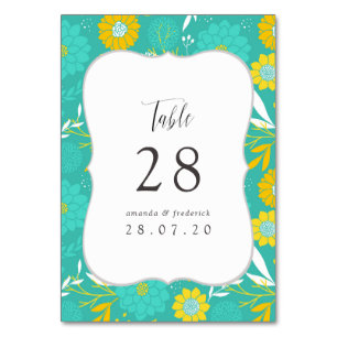 Yellow and Teal Floral Wedding Table Number