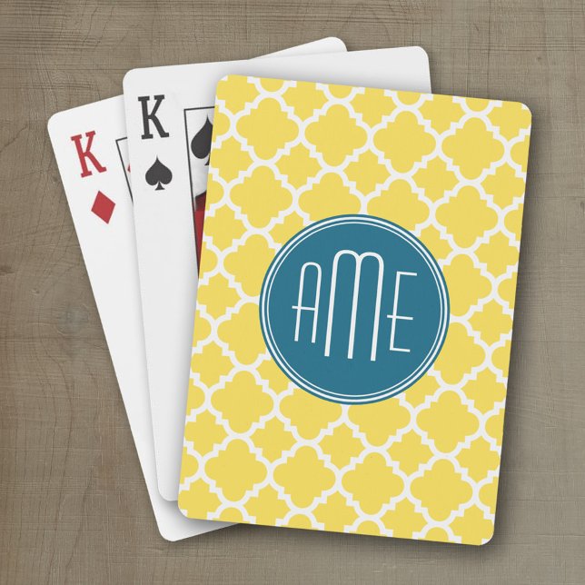 Yellow and Teal Quatrefoil Pattern Custom monogram Playing Cards (Personalized playing cards with a fun area to add text such as a name or monogram)