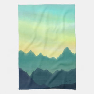 Yellow and Teal Watercolor Mountains Tea Towel