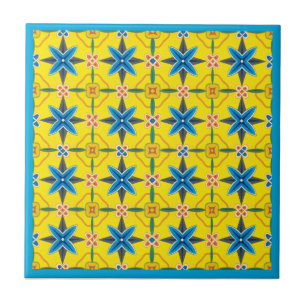Yellow and Turquoise Floral Design Ceramic Tile
