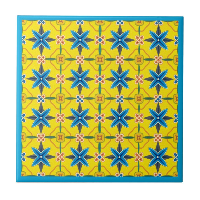 Yellow and Turquoise Floral  Design Ceramic  Tile (Front)