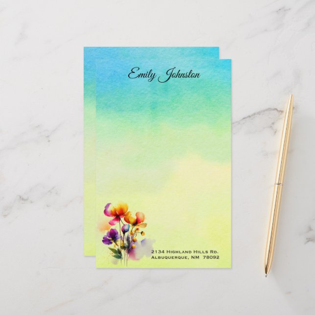 Yellow and Turquoise Watercolor Custom Stationery (Front/Back In Situ)