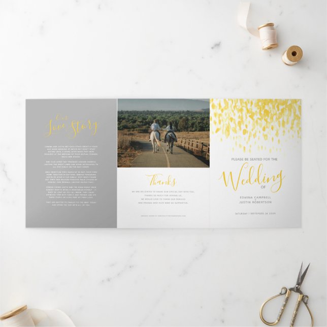 Yellow and white abstract art wedding ceremony Tri-Fold programme (Outside)