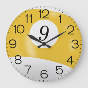 Yellow and White Billiard #9 Ball     Large Clock