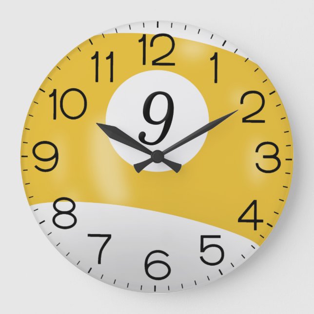 Yellow and White Billiard #9 Ball     Large Clock (Front)