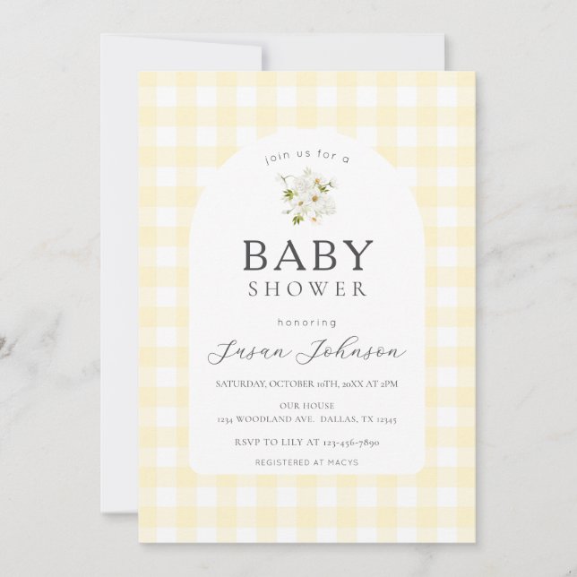 Yellow and White Buffalo Check Plaid Baby Shower Invitation (Front)