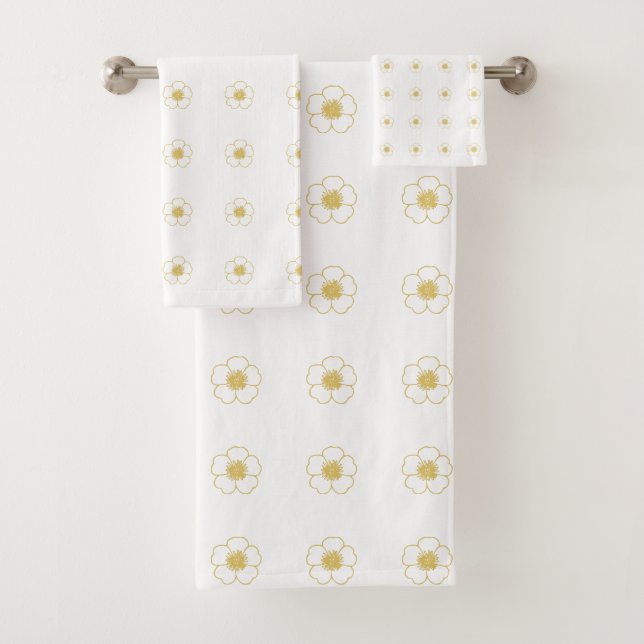 yellow and white Buttercup Flowers Bath Towel Set (Insitu)
