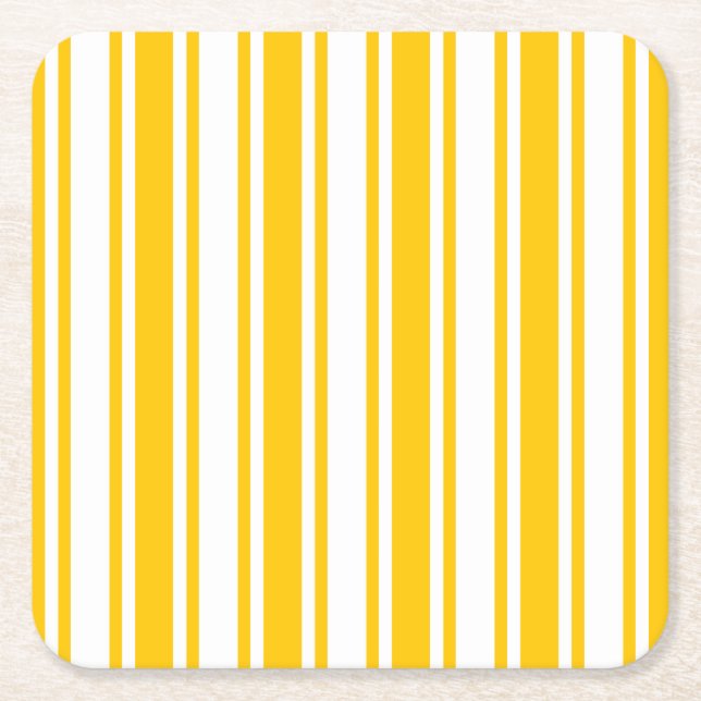 Yellow and white candy stripes square paper coaster (Front)