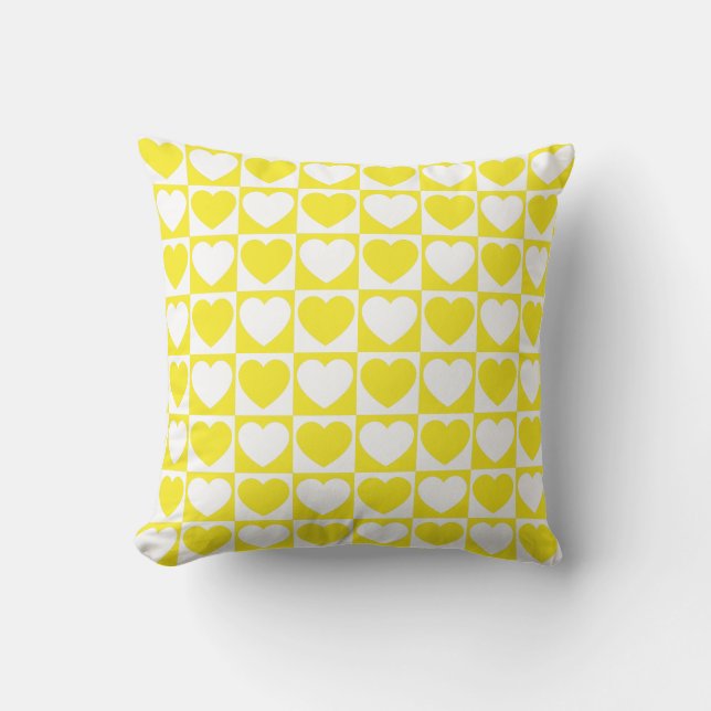 Yellow and White Chequered Pattern With Hearts Cushion (Front)