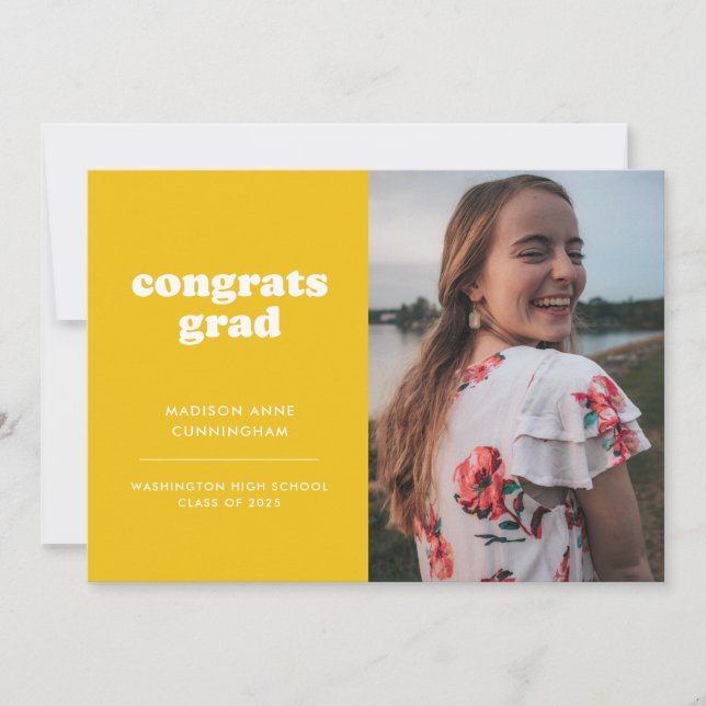 Yellow and White Congrats Grad Photo Graduation Announcement (Front)