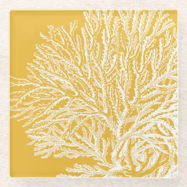 Yellow and White Coral Glass Coaster (Front)