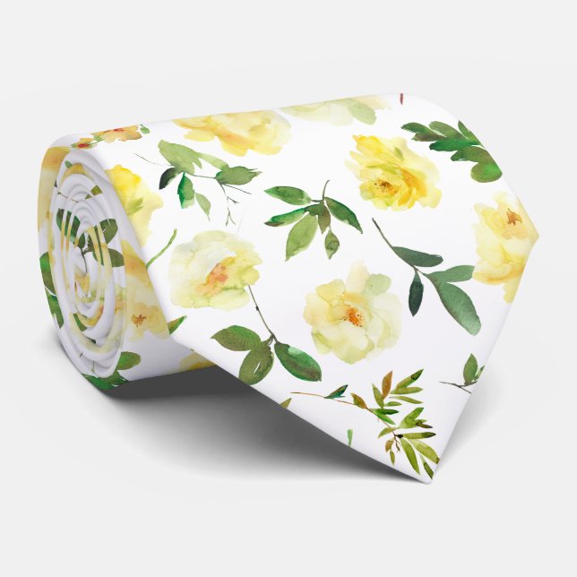Yellow and White Cream Roses Neck Tie Necktie (Rolled)