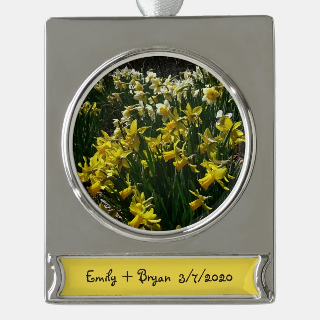 Yellow and White Daffodils Spring Flowers Silver Plated Banner Ornament (Front)