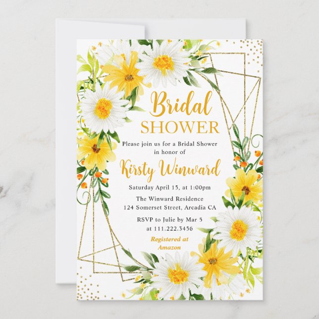 Yellow and White Daisies Gold Frame Bridal Shower Invitation (Front)