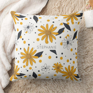 Yellow and White Daisy Pattern with Dark Leaves Cushion