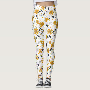 Yellow and White Daisy Pattern with Dark Leaves Leggings