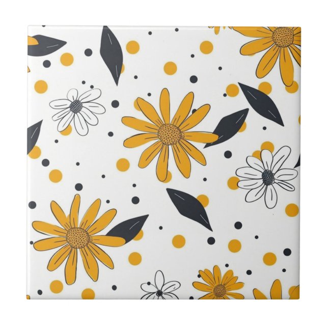 Yellow and White Daisy Pattern with Dark Leaves Tile (Front)