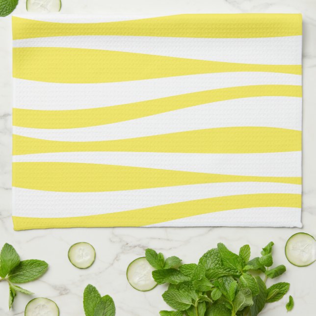 Yellow and White Elegant Wave Pattern Tea Towel (Folded)