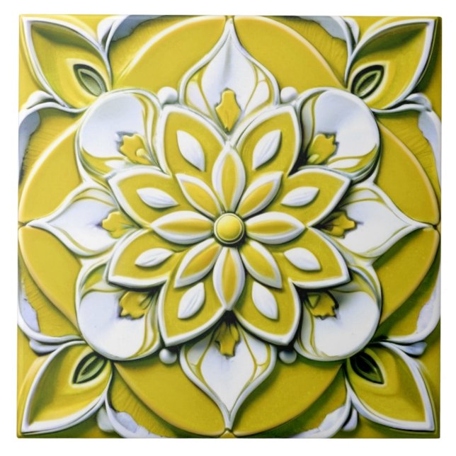 Yellow and White Faux Relief Floral Flower Tile (Front)