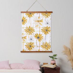 Yellow and White Flowers - Distressed Golden Plaid Hanging Tapestry