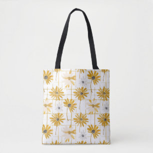 Yellow and White Flowers - Distressed Golden Plaid Tote Bag