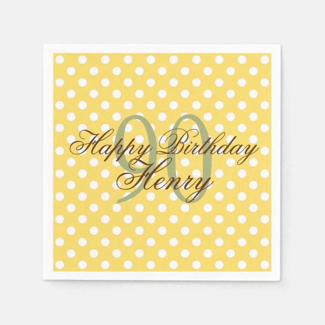 Yellow and White Fun Polka Dot 90th Birthday Paper Napkin (Front)