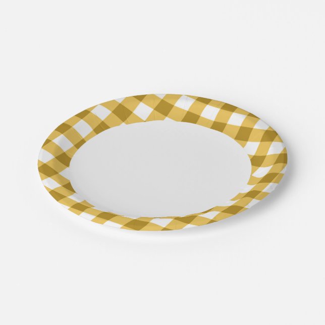 Yellow And White Gingham Check Pattern Paper Plate (Angled)