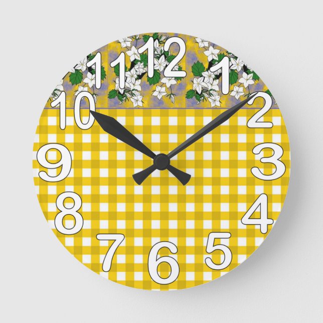 Yellow and white gingham country kitchen round clock (Front)