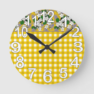 Yellow and white gingham country kitchen round clock