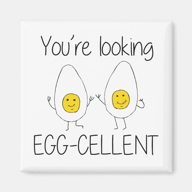 Yellow and White Hand Drawn Egg-cellent Egg puns Magnet (Front)