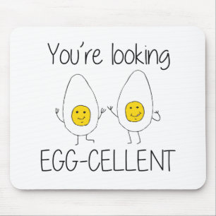 Yellow and White Hand Drawn Egg-cellent Egg puns Mouse Mat