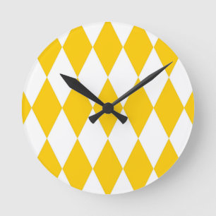 Yellow and White Harlequin Diamonds Check Design  Round Clock
