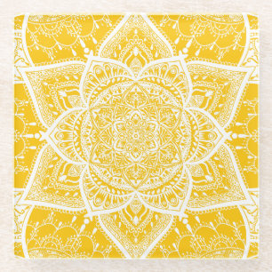 Yellow and White Mandala - Loergann in Honey Glass Coaster