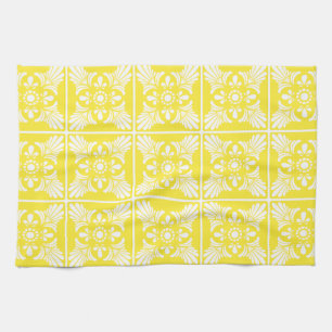 Yellow and White Mediterranean Style Tile Pattern Tea Towel