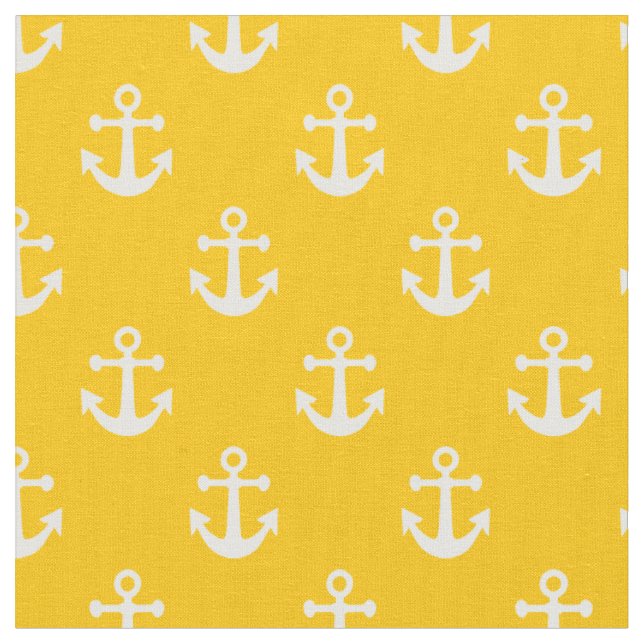 Yellow and White Nautical Anchors Pattern Fabric (Close Up)