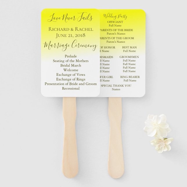 Yellow and White Ombre Wedding Program Hand Fan (Front and Back)