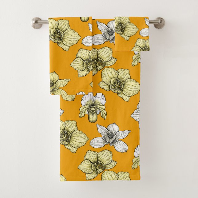 Yellow and white orchid flowers bath towel set (Insitu)