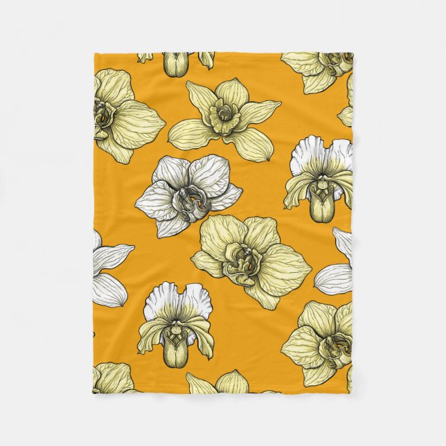 Yellow and white orchid flowers fleece blanket (Front)