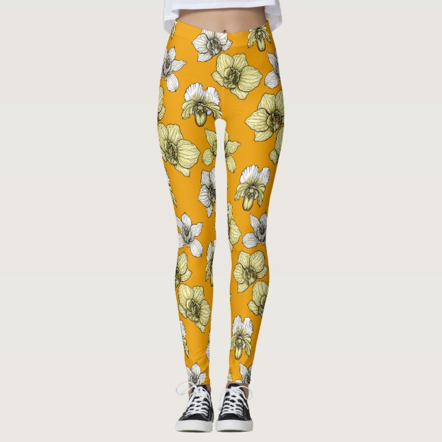 Yellow and white orchid flowers leggings (Front)