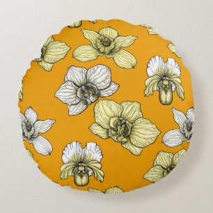 Yellow and white orchid flowers round cushion