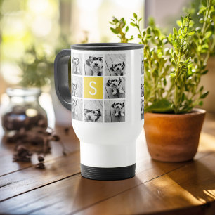 Yellow and White Photo Collage Custom Monogram Travel Mug