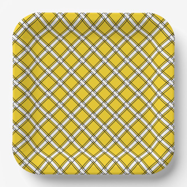 Yellow and white plaid plaid pattern  paper plate (Front)