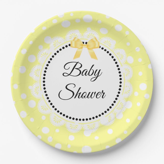 Yellow and White Polka Dot Baby shower Paper Plate (Front)