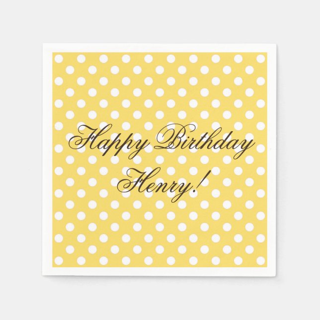 Yellow and White Polka Dot Birthday Paper Napkin (Front)
