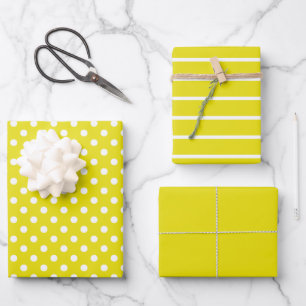 Yellow and White Polka Dot Stripes Wrapping Paper Sheet