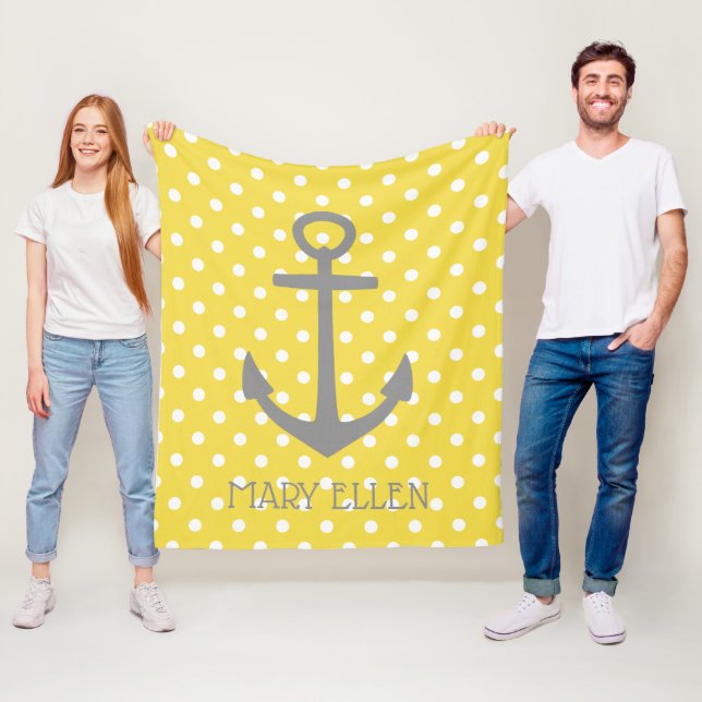 Yellow and White Polka Dot With Dove Grey Anchor Fleece Blanket (In Situ)