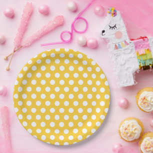Yellow and White Polka Dots Paper Plate