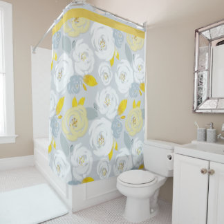 Yellow and White Roses on Gray Shower Curtain
