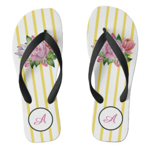 Yellow And White Stripe With Pink Roses Flip Flops